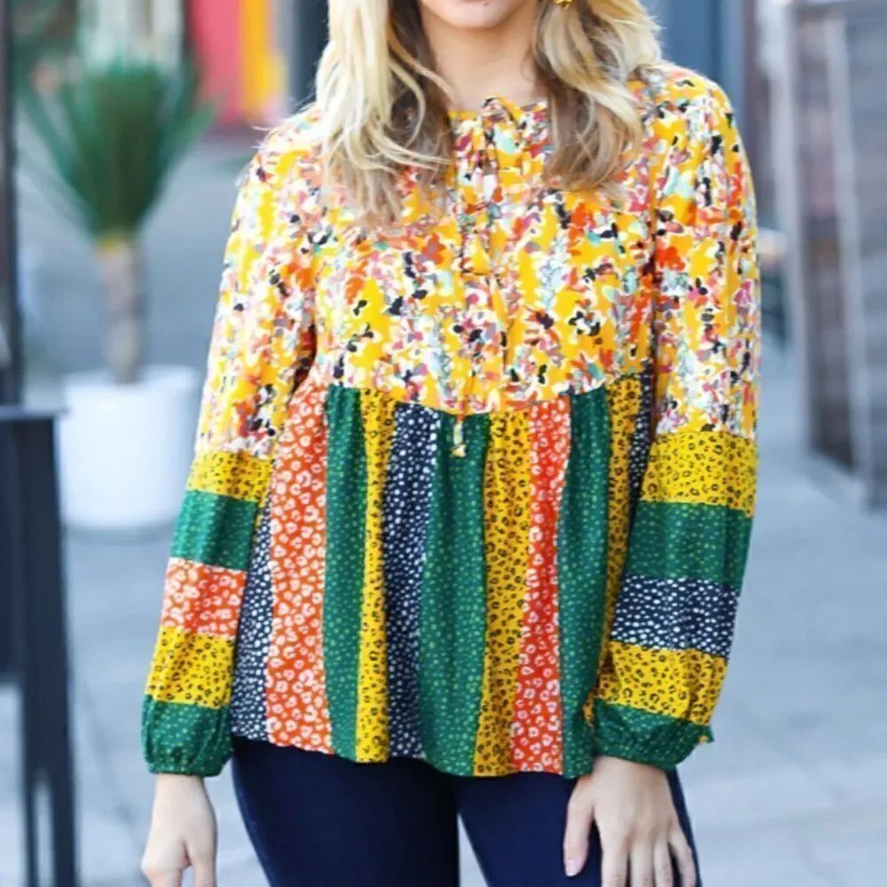 Boho Baby Doll Tie Front Long Sleeve Women's Shirt Colorblock Floral Top